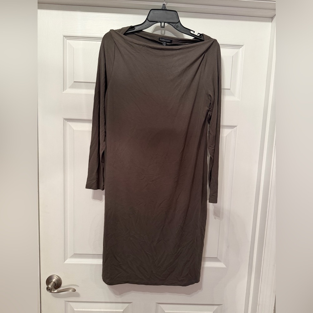 Eileen Fisher cowl neck viscose blend brown green tone midi long sleeve dress M